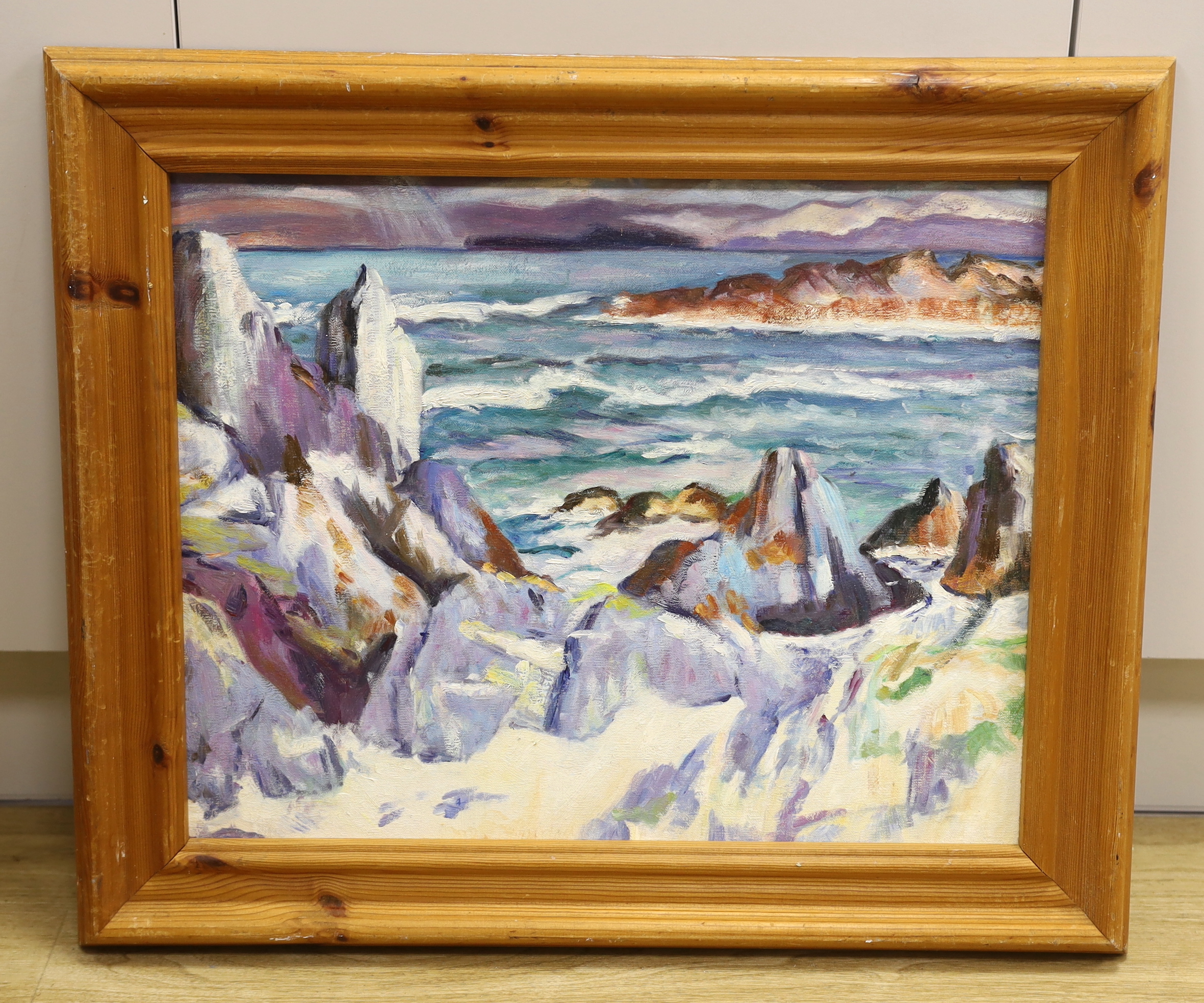 Manner of Francis Campbell Boileau Cadell, RSA, RSW, (Scottish 1883-1937), impressionist oil on board, Iona, 39 x 49cm